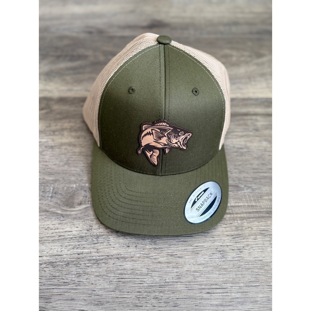 Yupoong The Classics Bass Fish Patch Trucker Hat Olive Tan Snapback Mesh Cap